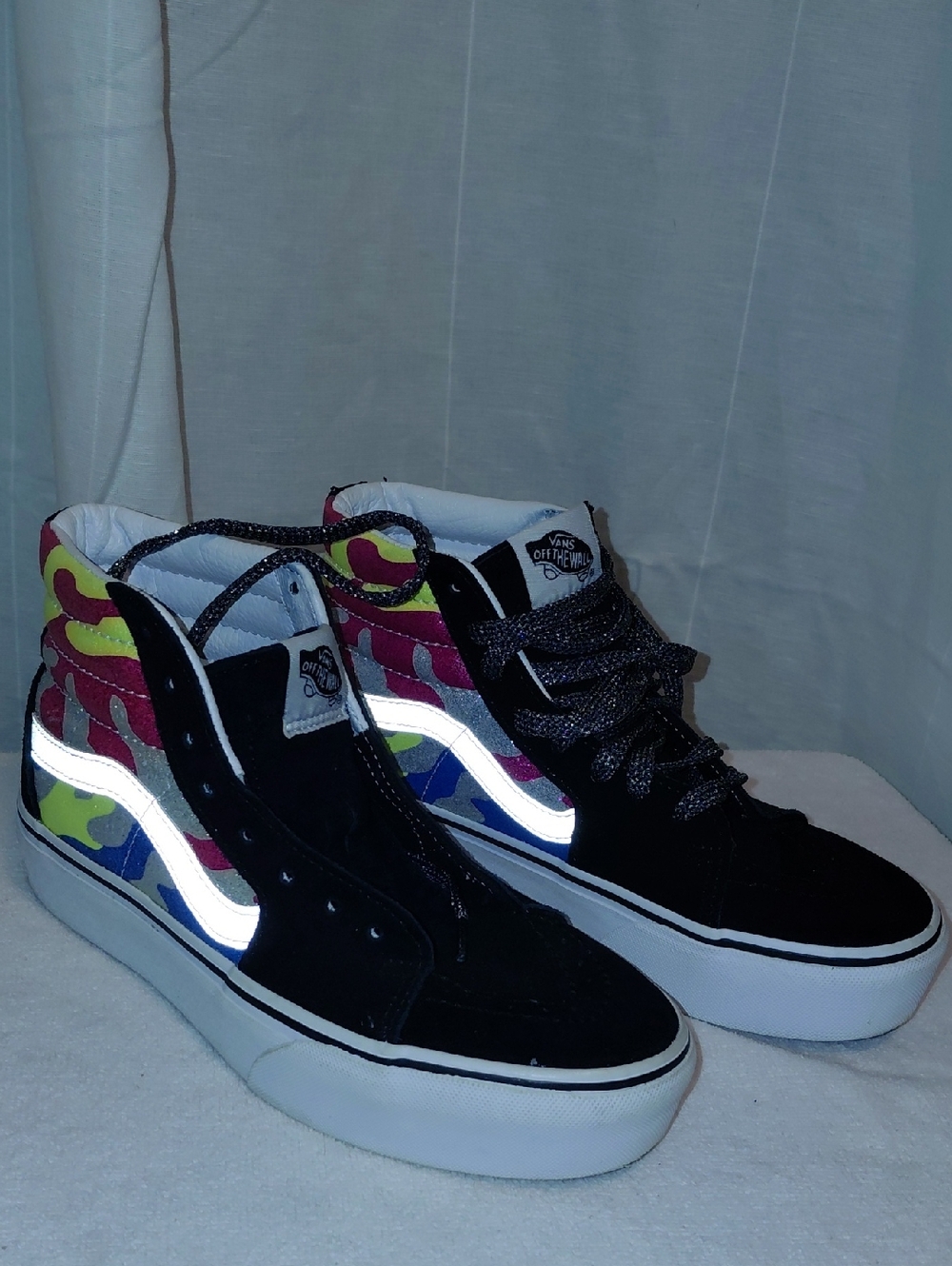 Vans Black High Top Sneakers with Multicolor Camo and Reflective Stripe